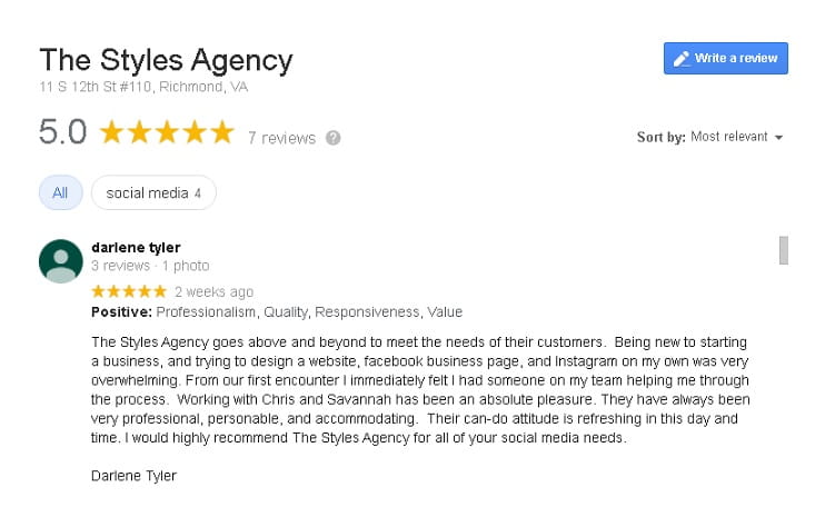 The Google Review says, "The Styles Agency goes above and beyond to meet the needs of their customers. Being new to starting a business, and trying to design a website, facebook business page, and Instagram on my own was very overwhelming. From our first encounter I immediately felt I had someone on my team helping me through the process. Working with Chris and Savannah has been an absolute pleasure. They have always been very professional, personable, and accommodating. Their can-do attitude is refreshing in this day and time. I would highly recommend The Styles Agency for all of your social media needs."